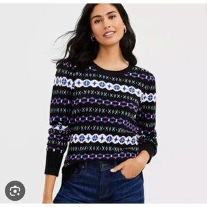 LOFT Fair Isle Sz Large Black Puff Sleeve Sweater Crewneck